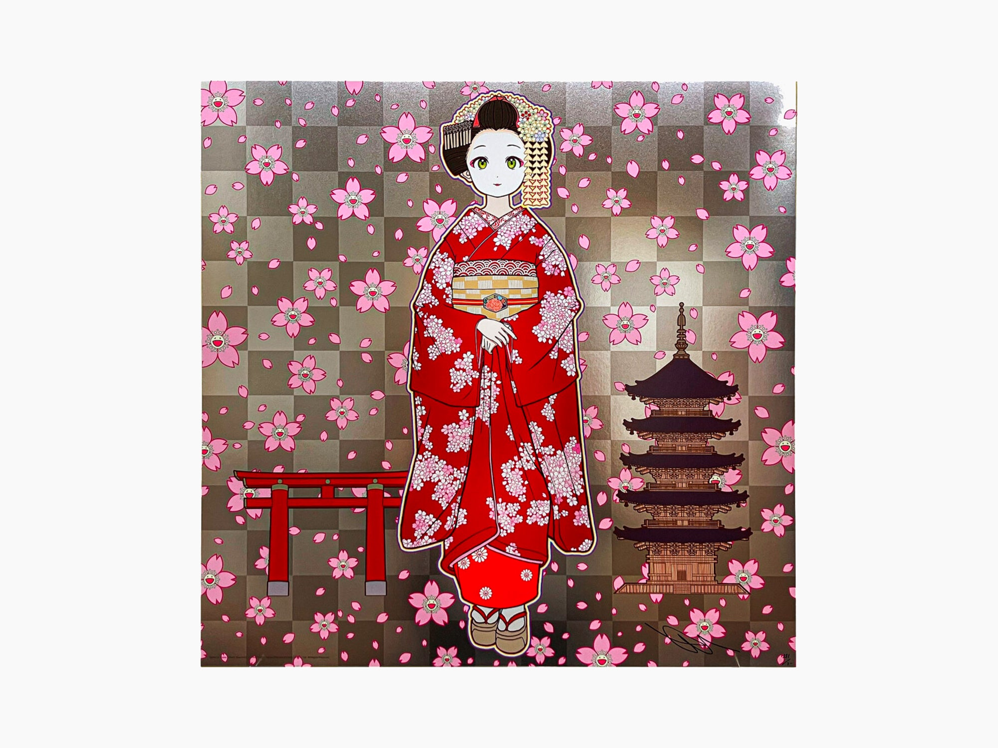 Takashi Murakami - Maiko of Kyoto, Cherry Blossoms on Red