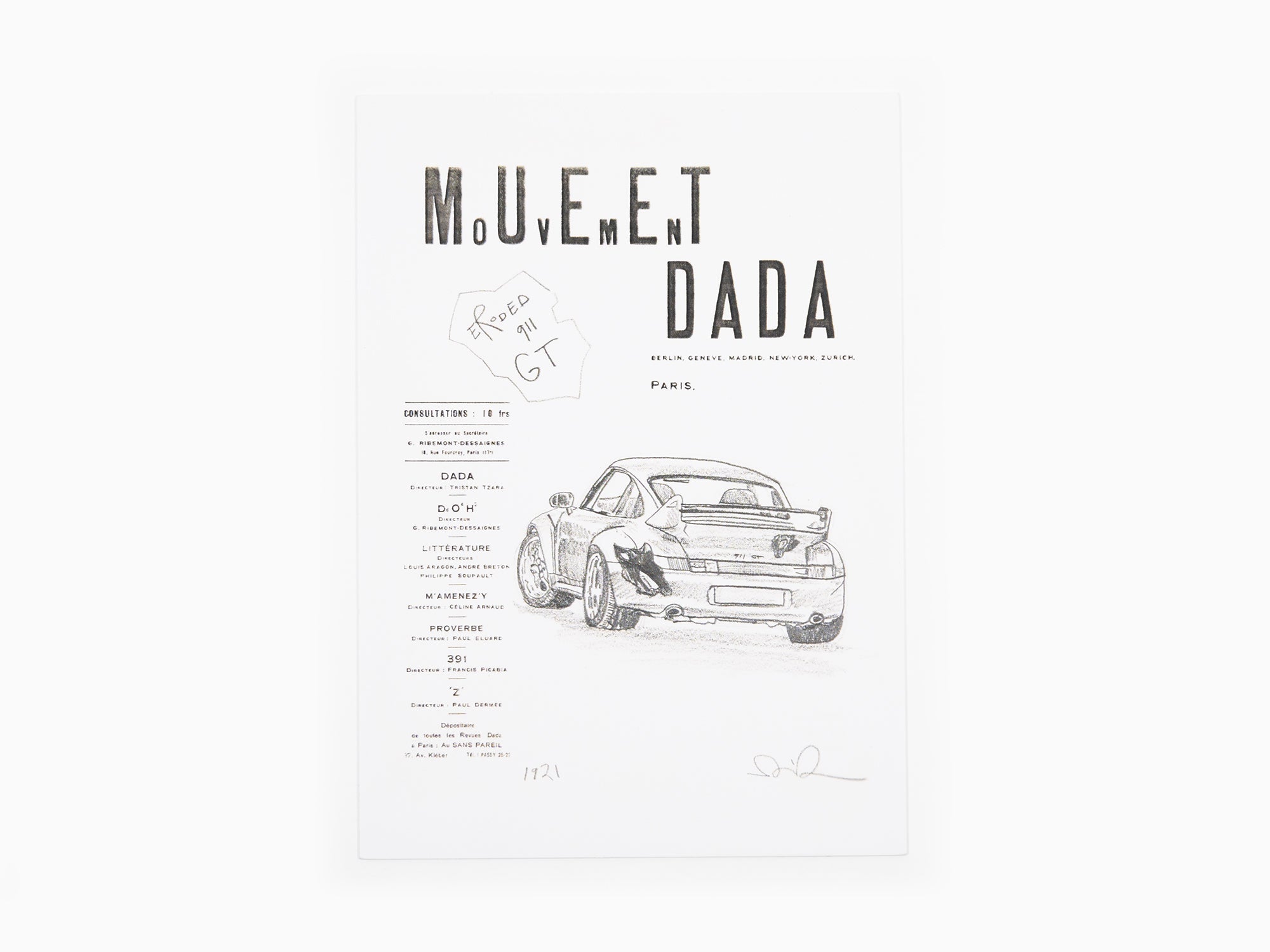 Daniel Arsham - Postcard "Dada Movement Letterhead : Study for Eroded Porsche 911 GT, 2023"